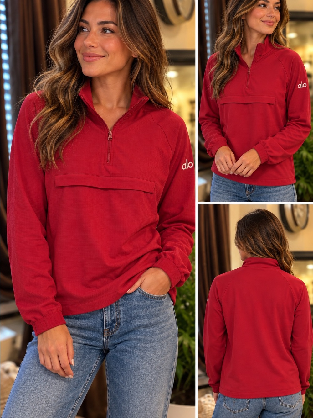ALO Yoga Raspberry Red Quarter Zip Performance Pullover Relaxed Fit